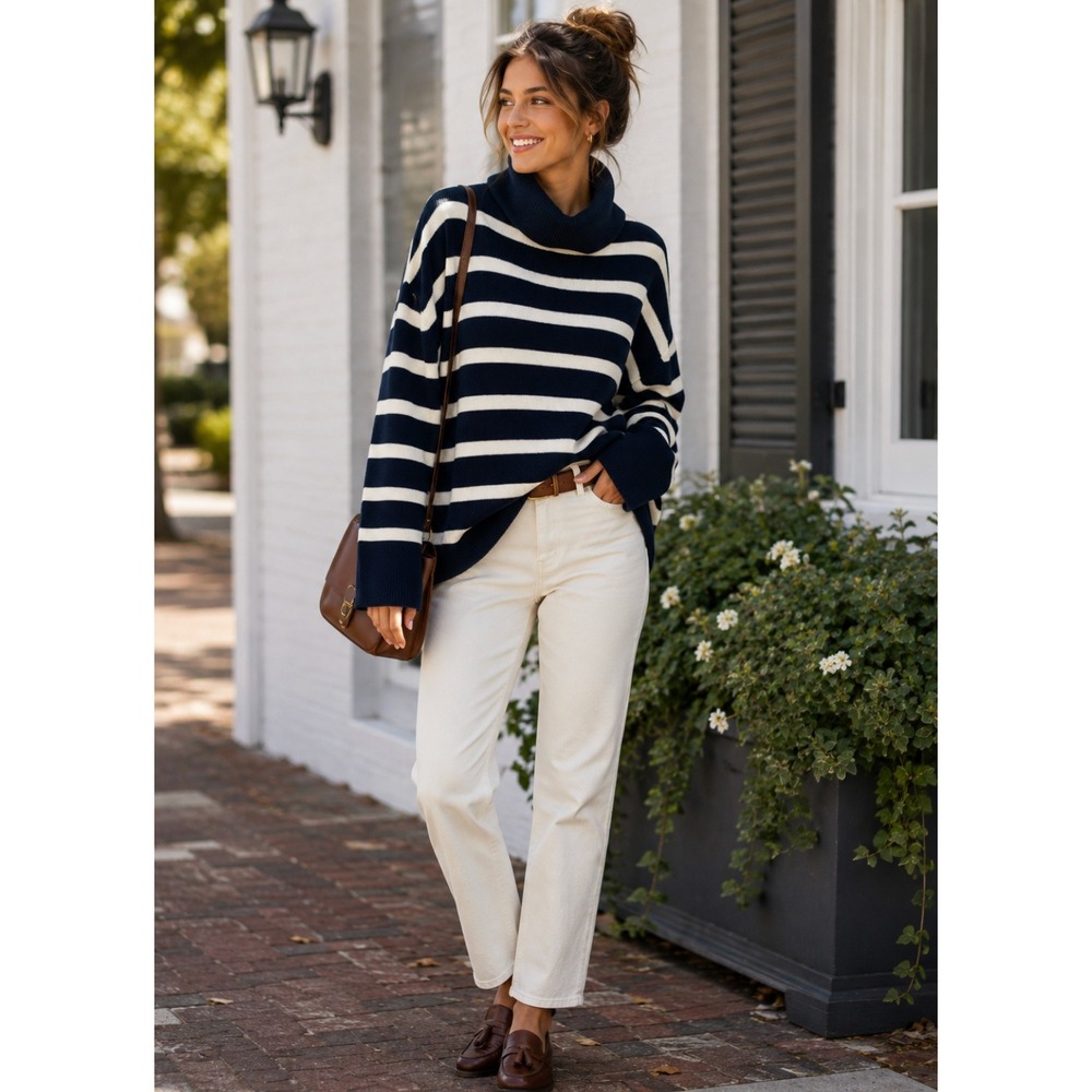 WEWOREWHAT Striped Turtleneck Sweater Navy Blue Ivory Oversized Medium Large